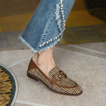 ins original design method style wearing hitch genuine leather plaid retro metal buckle lefu shoes female sloth flat heel single shoe