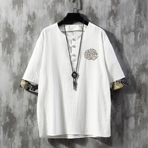 Summer short-sleeved buckle jacket Chinese style antique T-shirt young mens Hanfu costumes Buddhist mens Tang costumes