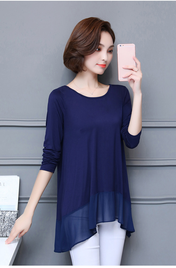 韩版新款莫代尔大码女装中长款宽松长袖女t恤拼接上衣显瘦200斤潮
