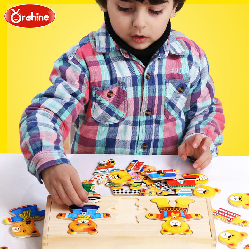 onshine拼图儿童小熊换衣服游戏益智早教学穿衣木制质拼板玩具_不打折