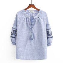 Middle-aged and elderly womens mothers clothing 2021 new autumn clothing womens mothers belly-covering bottoming shirt womens western-style cotton and linen shirt