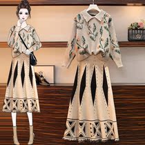 Middle Age Big Code Women Dress Fat Mom Spring Autumn New Fashion Sweater Suit High Waist Half Body Dress Minus Two Sets Women