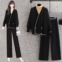 2021 Spring Autumn New Middle Age Big Code Women Dress Fat Mom Fake Two-Knitted Sweatshirt Broadlegged Pants Two Suits