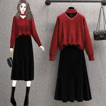 Middle Age Big Code Womens Dress 2021 Autumn Winter New Fat Moms Fashion Suit slim and slim fit sweater half-body dress Two sets