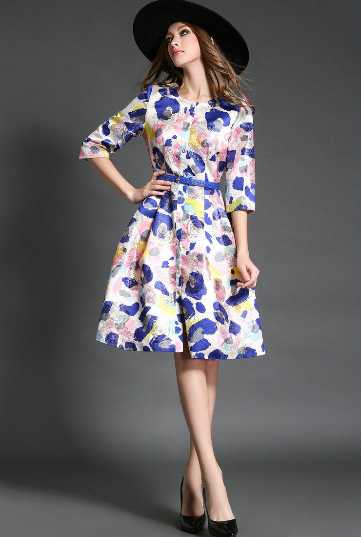 实拍 秋装新款女装 修身印花连衣裙 秋季新品 高端七分袖女裙t017