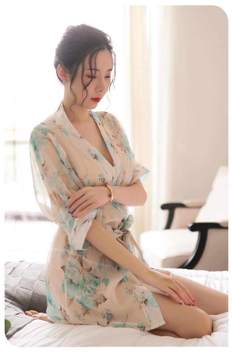 性感睡衣女透明睡袍情趣内衣诱惑火辣薄款开衫碎花雪纺睡裙家居服