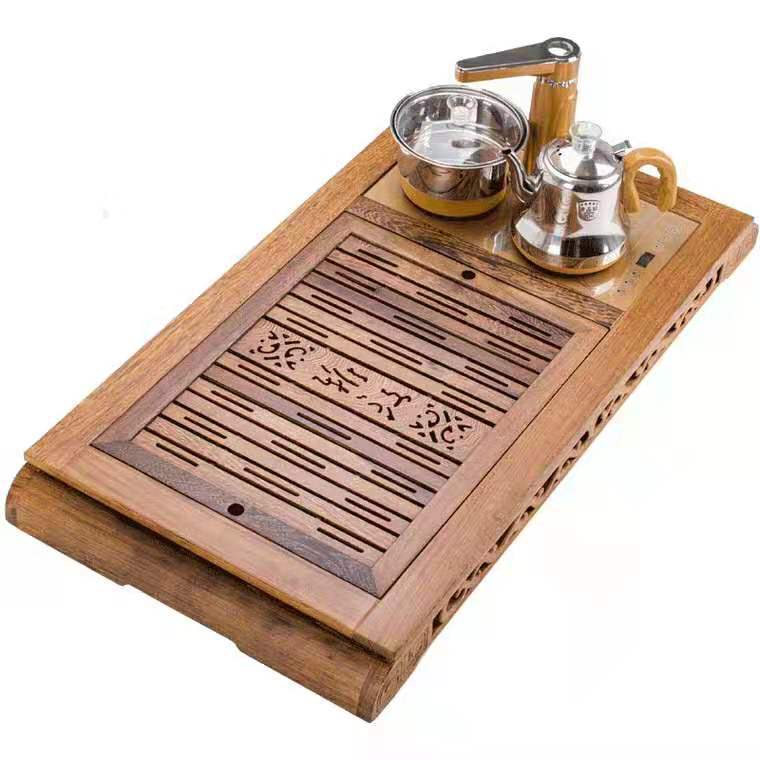 Four - walled yard natural solid wood frame feel Four unity contracted home office tea sets tea tray drainage type electromagnetic tea stove