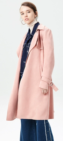 Aiju thỏ áo khoác mùa xuân và mùa thu của phụ nữ màu hồng tươi nhỏ ve áo thời trang eo nhấn màu áo khoác dài một bên ngực - Trench Coat