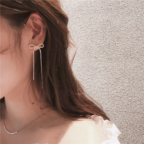 Retro fairy spirit ~ Korea exquisite rhinestone pearl bow earrings ins net red earrings female long temperament earrings