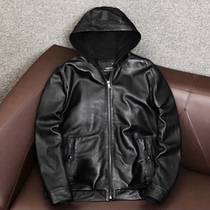 Haining new leather leather mens motorcycle sheep jacket mens slim jacket mens slim Korean version short hooded youth jacket