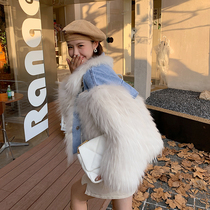 2021 Winter new imported white raccoon wool mosaic denim young fashion short fur coat female foreign style