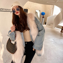 Young fox fur fur coat women 2021 new fashion detachable sleeve denim down jacket winter