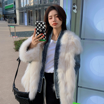 2021 Winter new denim stitching imported fox fur lace Korean version of bathrobe wind young fur coat women