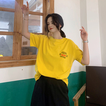 Hong Kong style big edition pure cotton short-sleeved t-shirt female ins tide student strange taste retro loose mid-length western style top female summer