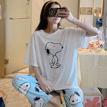 Pajamas Summer thin short sleeve trousers Pure cotton two pieces of Korean cute cartoon loose large code home suit