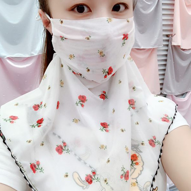 口罩女防晒三角丝巾护脖子颈夏季挂围巾耳式薄款骑车面纱遮脸面罩