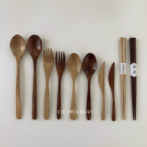 ins day style log meal spoon Korean soup spoon dining fork solid wood chopsticks high-end cutlery suit confluence retro restaurant