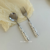ok holiday * Korean wind-ins gravel pattern ceramic handle stainless steel fork spoon subsuit quartz stone appliqua gold flower
