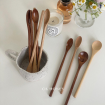 OK HHONY* ins Korean wind solid wood long handle stirring spoon log Japanese style spoon honey spoon honey spoon wooden spoon