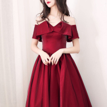 (Xu Rui)one-shoulder autumn and summer wine red long evening dress Female wedding toast satin evening dress banquet engagement