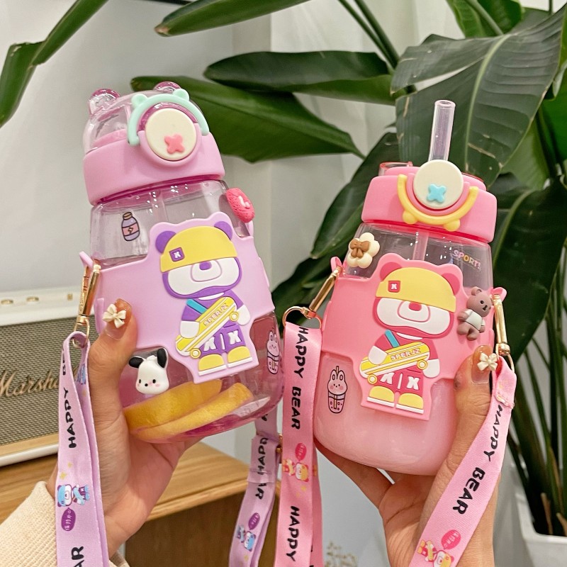 children‘s plastic water cup cute summer internet celebrity cup drop-resistant straw cup girls school kindergarten baby kettle