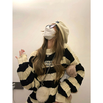 NECOYEP sparse retro striped loose and lazy couple knitted long-sleeved female sweater coat coat head