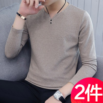 2022 new long-sleeved t-shirt male autumn outfit Korean version v-collar bottom shirt autumn clothing  ⁇  male outfit on the current