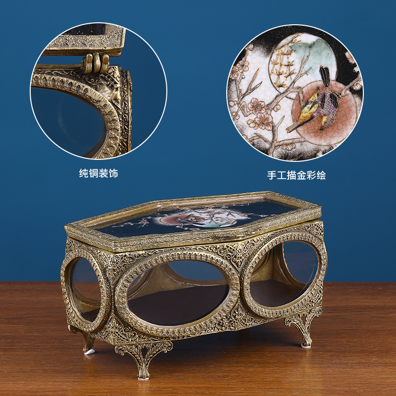 Creative ceramic inlaid copper receive a case antique jewelry box cover desktop dresser jewelry box decoration ou