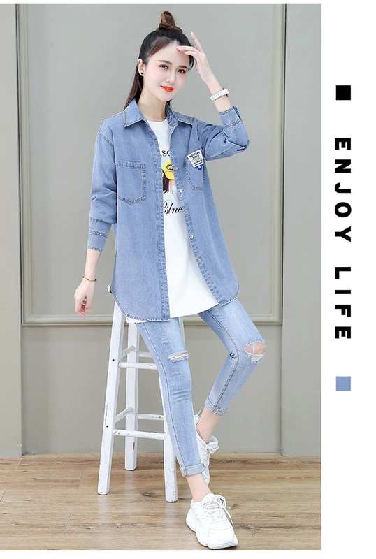 2021 áo sơ mi denim mùa xuân mới của phụ nữ mùa xuân và mùa thu phong cách nước ngoài tính khí giảm tuổi mặc bên ngoài áo khoác dài tay bùng nổ áo khoác - Áo sơ mi dài tay