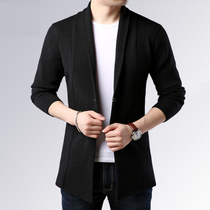Mens cardigan thickened sweater woolen jacket Spring and autumn windbreaker Medium-long Korean version of the trend to wear knitwear sweater