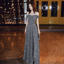 One-shoulder evening dress 2022 new banquet temperament sexy silver-long film annual sequel dress female luxury