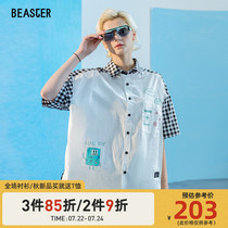 BEASTER little devil grimace contrast color plaid shirt mens fashion brand couple outfit short-sleeved national tide ins summer loose