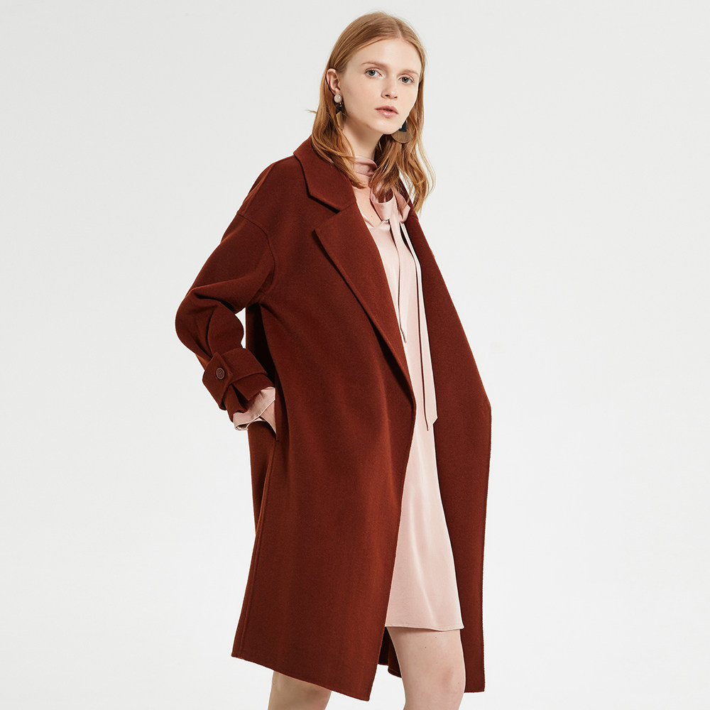 【送】mecity中长款落肩羊毛复古焦糖色双面呢大衣外套女