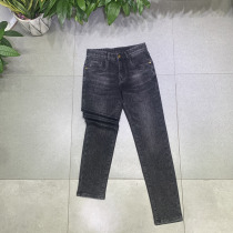 Hong Kong 2021 autumn smoke gray jeans men slim feet plus velvet padded stretch casual trousers men spring and autumn