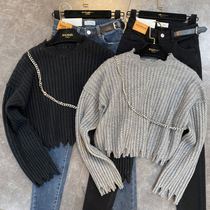 Net red grapefruit MM2020 autumn and winter round neck long sleeve chain decoration broken edge twist loose knit sweater tide