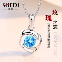 Topaz 999 sterling silver necklace Female clavicle chain pendant Simple couple silver personality birthday gift to girlfriend