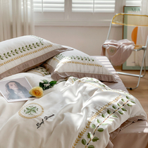 Hipster 80 double-sided orchid Tencel four-piece pastoral embroidery quilt cover sheets ice silky slippery bedding