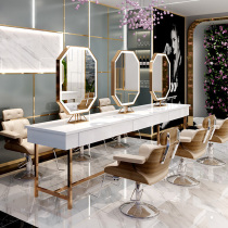 Light luxury barber shop mirror table dyed and hot hair salon with lamp marble countertop photo studio hair salon special makeup mirror