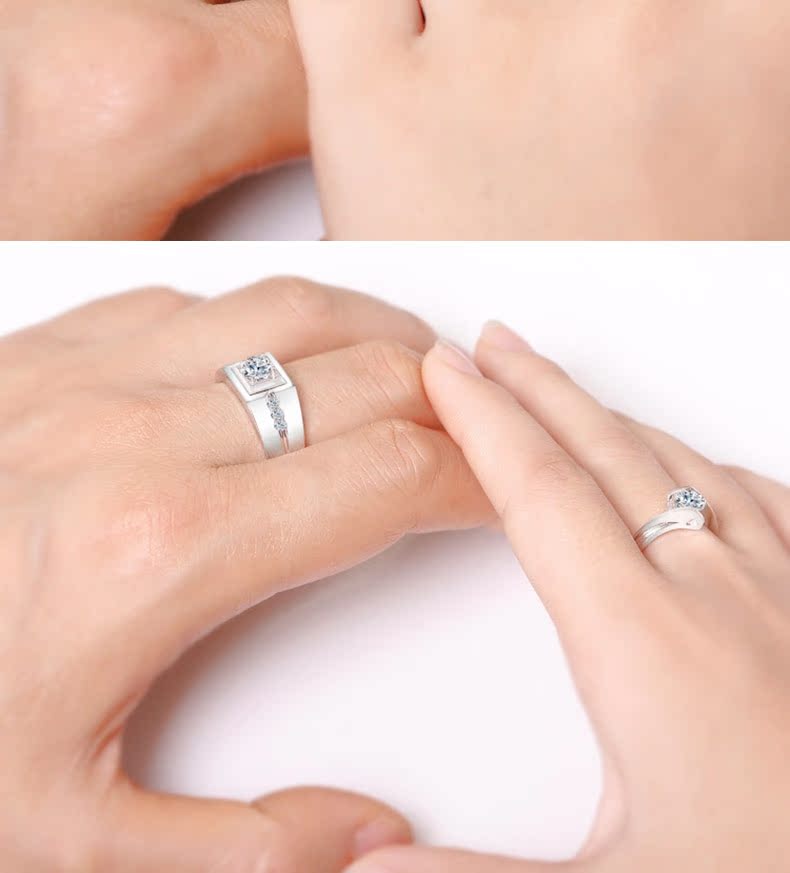 订婚情侣戒指pt950纯银镀白金男女对戒时尚仿真钻戒女王节礼物