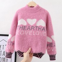 Girl sweaters Childrens water mink suede Garnter thickened Autumn winter clothing Knitted Cardiovert Baby baby jacket Head of the undershirt