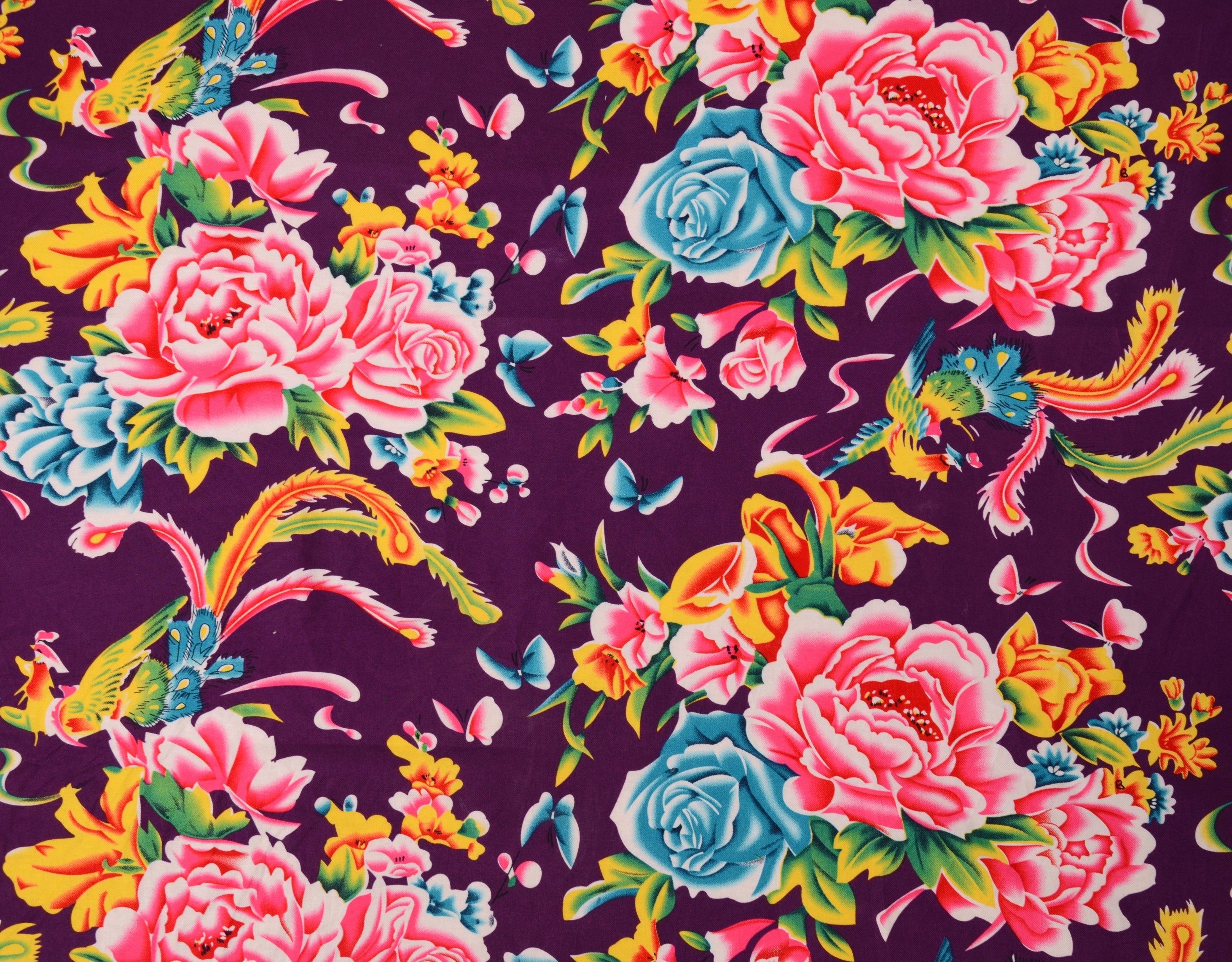 三色怀旧纯棉东北大花布被面棉布布料凤穿牡丹印花面料-经典色