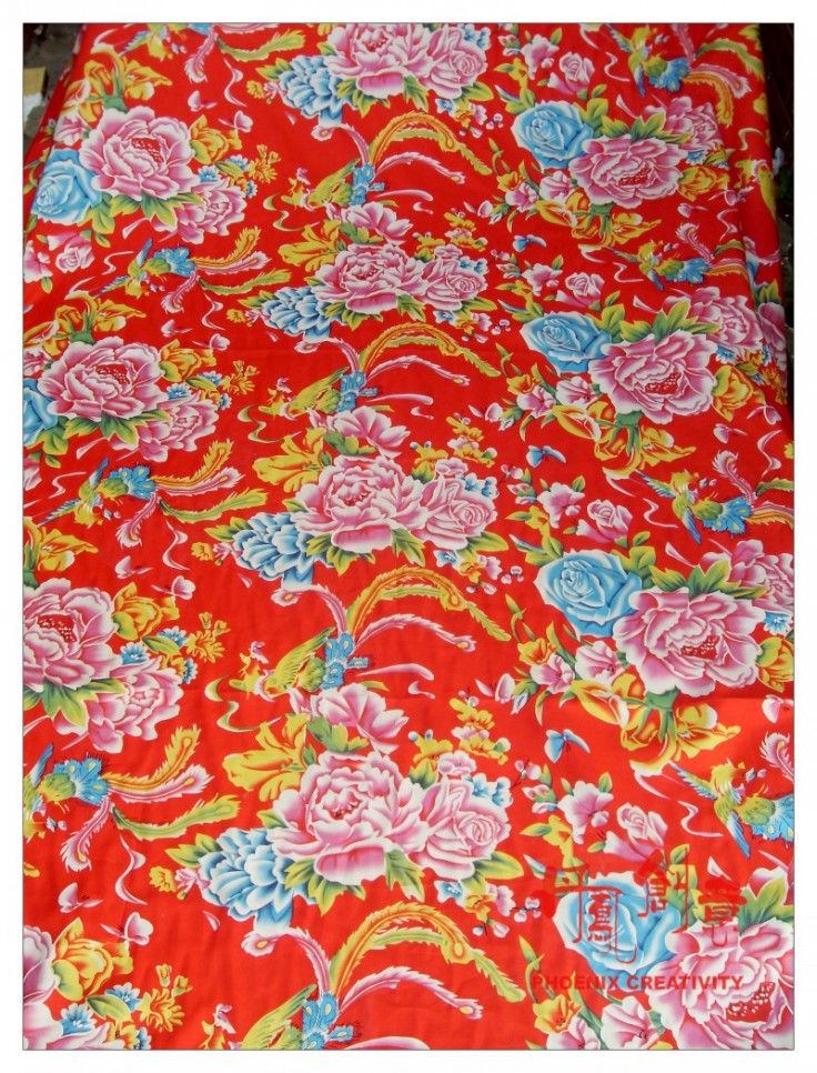 三色怀旧纯棉东北大花布被面棉布布料凤穿牡丹印花面料-经典色