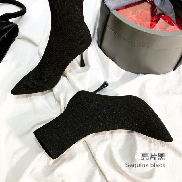 ເກີບ socks elastic ສໍາລັບແມ່ຍິງ, ເກີບສົ້ນສູງ, ເກີບ socks knitted, ເກີບບາງໆ, ເກີບ stiletto, ກາງ calf ເກີບສັ້ນ, ດູໃບໄມ້ລົ່ນແຫຼມ toe ແລະລະດູຫນາວເກີບ nude.
