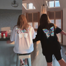 Couple's best friend fat mm size 200kg butterfly laser reflective short sleeve T-shirt loose Joker men's and women's tops tide