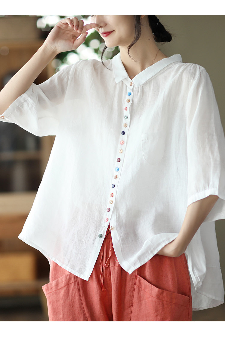 琪镌绘制新款复古彩色纽扣苎麻衬衣气质翻领长袖衬衫女士文艺上衣