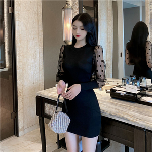 Autumn and winter new versatile round neck sleeve length mesh wave point stitching back knitted dress