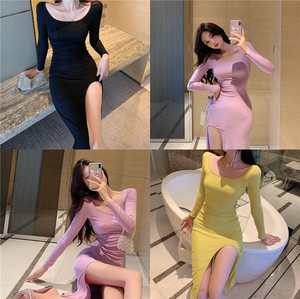 New fall style retro crew neck high slit tight Hip Wrap Dress