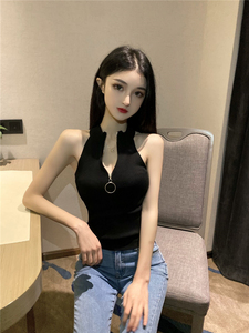 Fashion sexy sleeveless short zip knit T-shirt