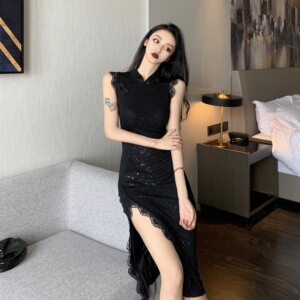 Women’s lace lace split cheongsam flash Dress Black