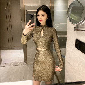 European and American Sexy Gold chest slim show round neck hollow thin open navel split skirt two piece set